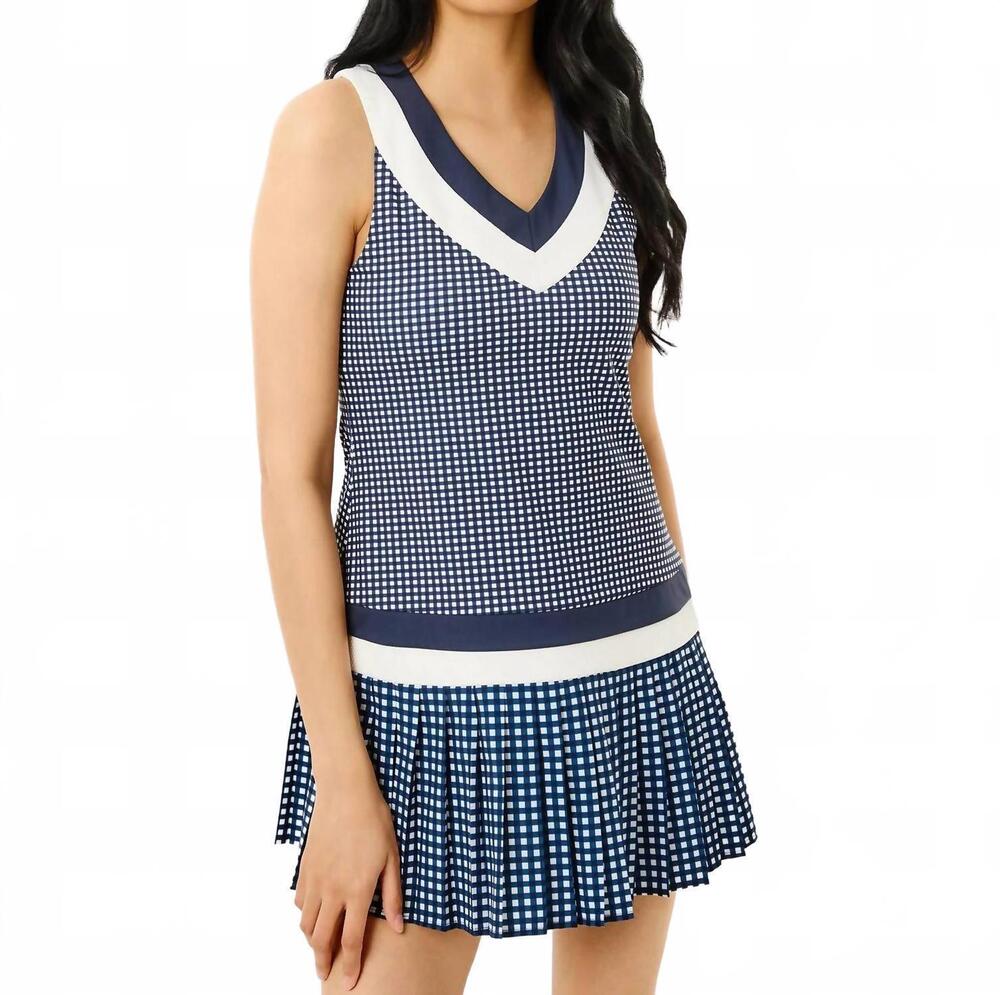 NEW ADDISON BAY mixed sport light match active mini dress in navy gingham
